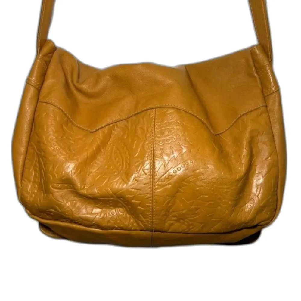 Barganza Genuine Leather Mustard Yellow Embossed Paisley Messenger Bag